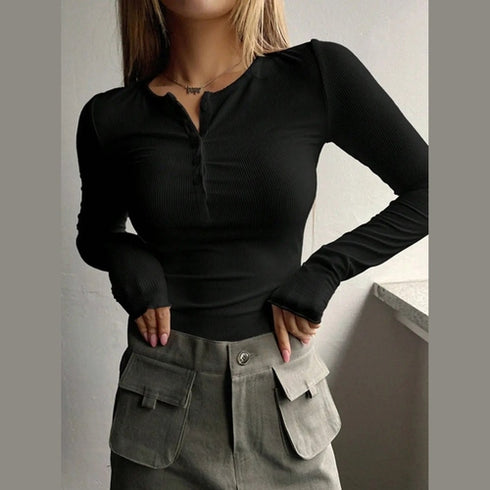 'Elara' Ribbed Half Button Long Sleeve Shirt - Celes Fashion